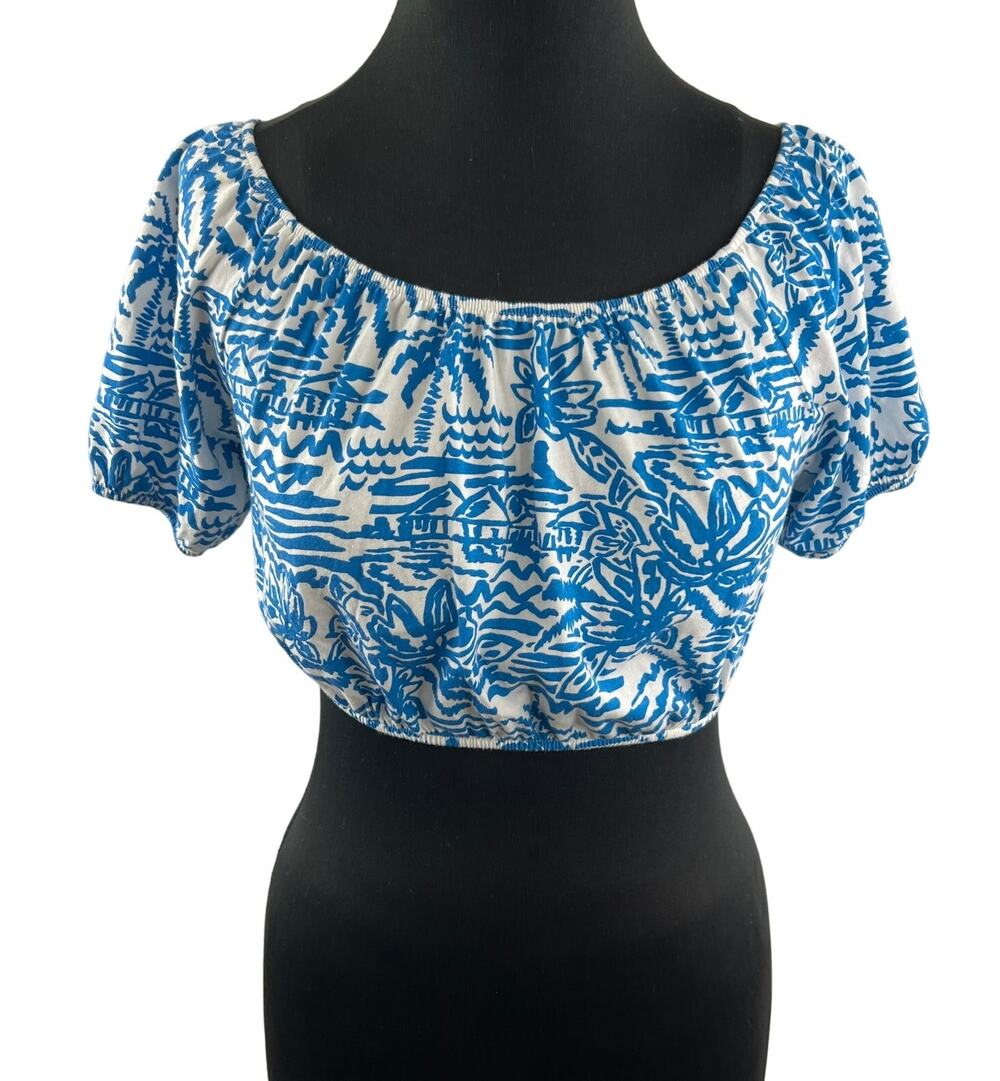 ZARA Girls Cropped Top Blue White Off the Shoulder Short Puff Sleeve Size 13-14